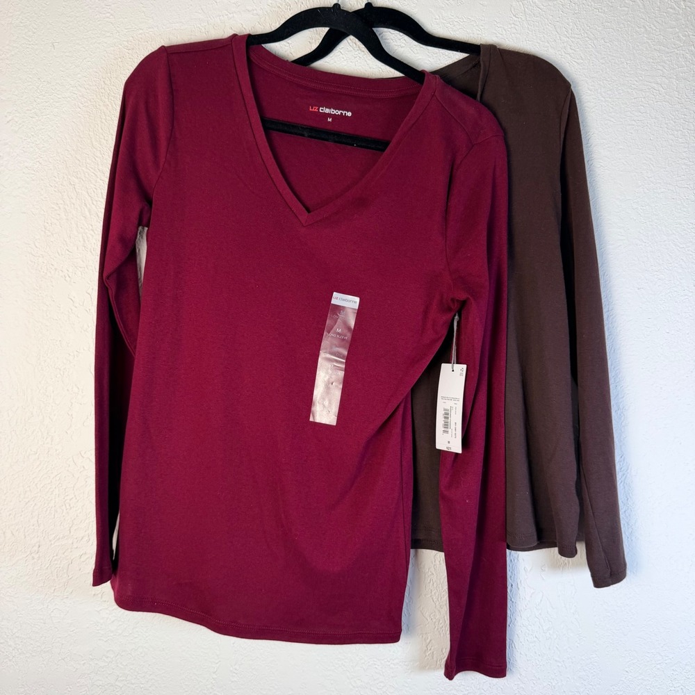 Liz Claiborne Womens M V-Neck Long Sleeve 100% Cotton Tee Bundle Burgundy Brown